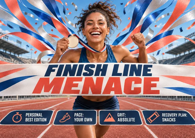 A funny congratulations card for an adult friend who has just finished a race or hit a big goal. Bold ribbons and a beaming runner make it a cheeky, celebratory send.