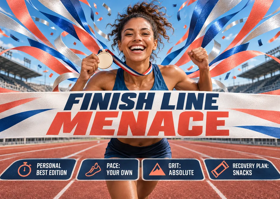 A funny congratulations card for an adult friend who has just finished a race or hit a big goal. Bold ribbons and a beaming runner make it a cheeky, celebratory send.