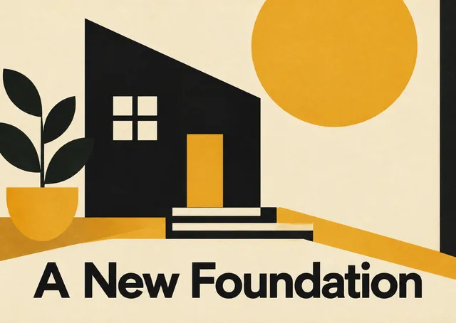 A housewarming invitation with a sunny little house and a yellow door, warm and welcoming for whoever just moved in.