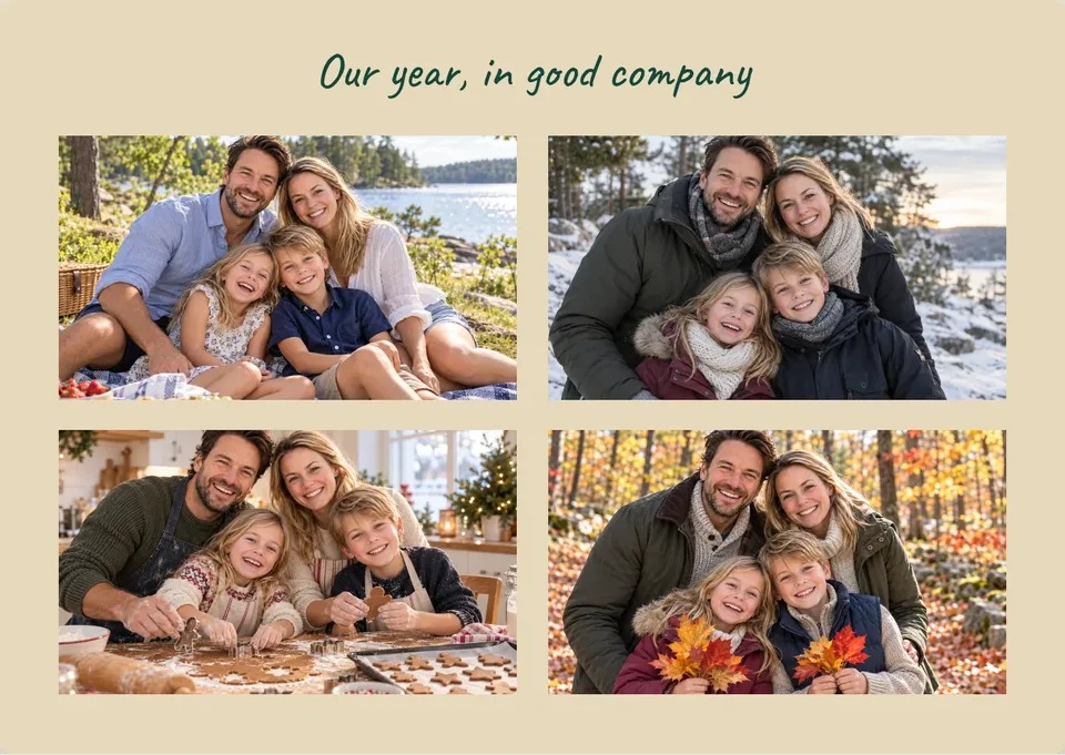 Teilt vier Lieblingsmomente des Jahres auf einer Weihnachtskarte für die Familie.