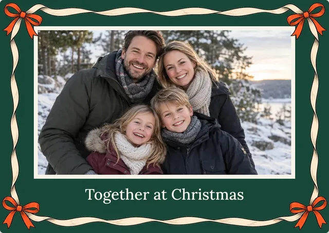 Ein Familien-Weihnachtsfoto in cremefarbenem Passepartout, mit Schleifen, Tannengrün und klarem Serifengruß.