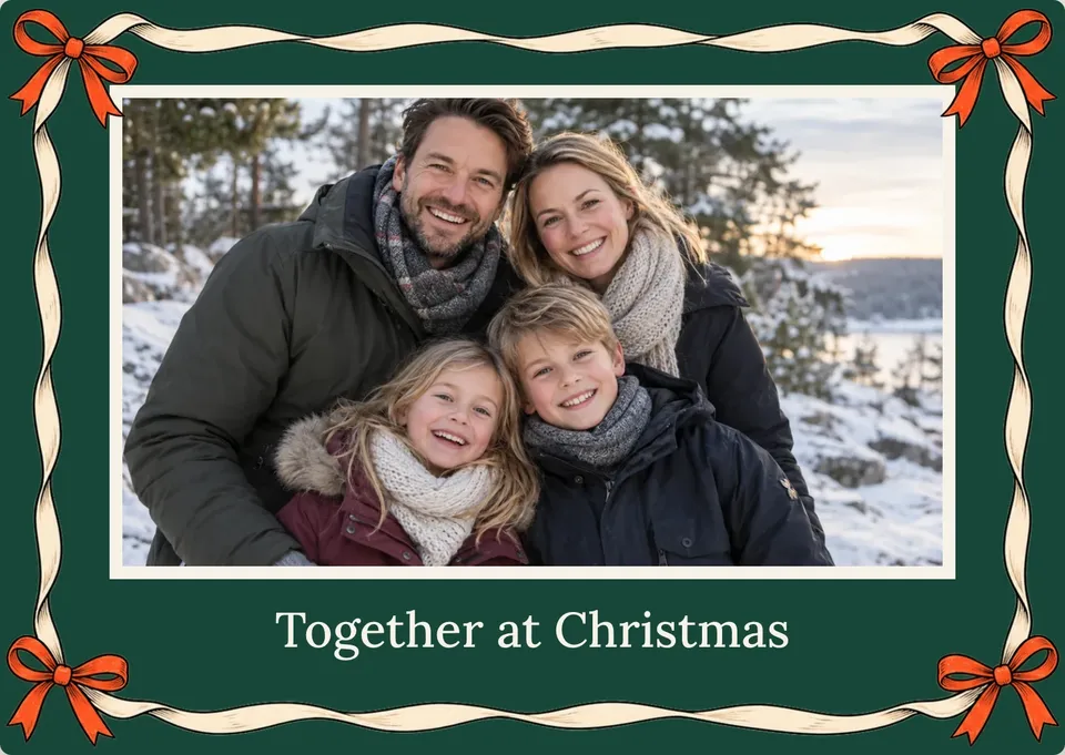 Ein Familien-Weihnachtsfoto in cremefarbenem Passepartout, mit Schleifen, Tannengrün und klarem Serifengruß.