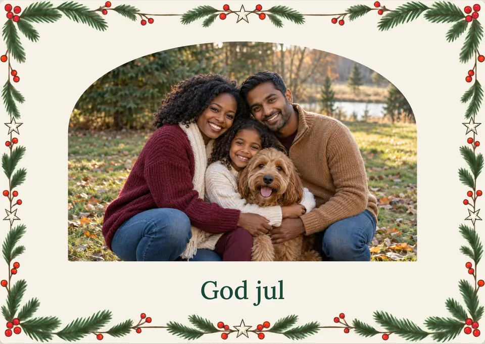 Una tarjeta navideña escandinava con foto en arco, ramitas de invierno y un claro saludo de God jul.