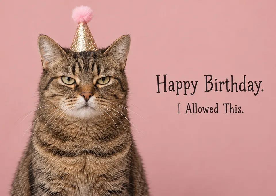 A funny cat birthday card for cat lovers with a dry sense of humour, featuring a brown tabby in a tiny party hat who is tolerating the celebration, just.