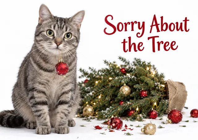 A funny cat Christmas card for a pet lover or anyone with a mischievous streak, showing a grey tabby who is not very sorry about the ruined tree.
