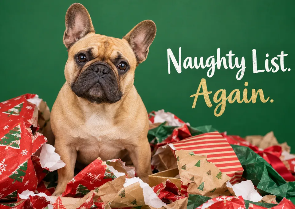 A funny Christmas card for dog lovers and pet owners, showing a fawn bulldog caught in a pile of torn-open presents. It is perfect for a cheeky festive laugh.