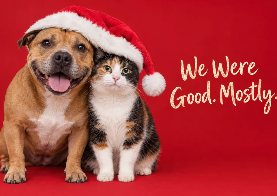 A funny pet Christmas card for pet lovers and their families, with a dog and cat sharing one Santa hat and a cheeky claim of good behaviour.