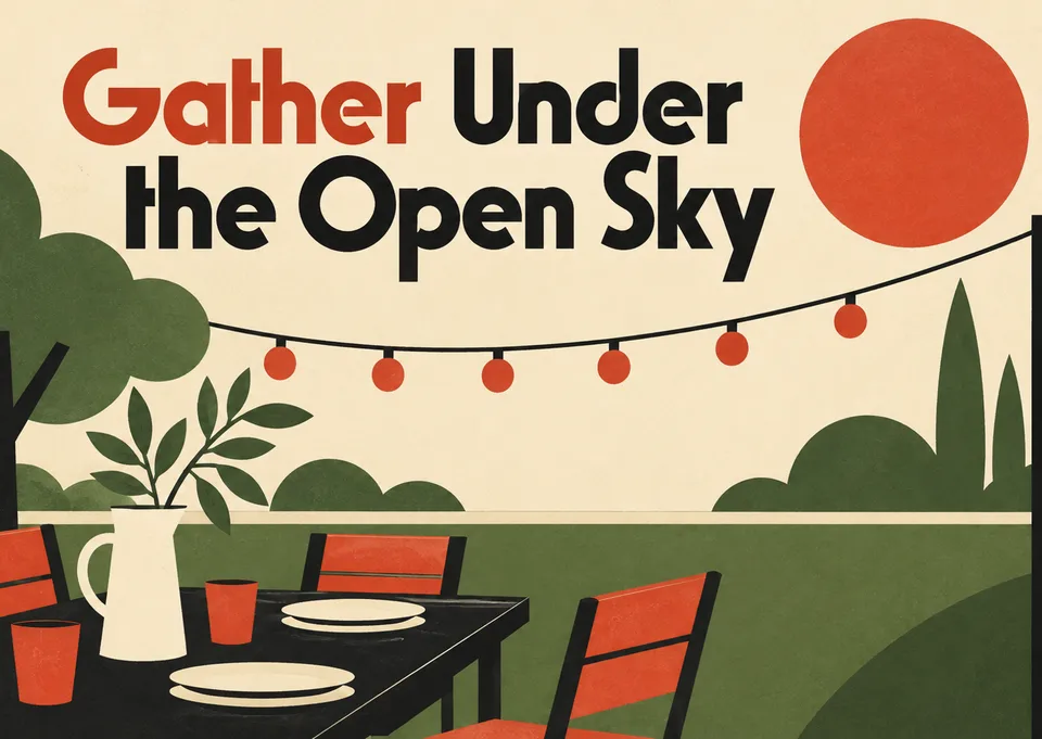 A casual invitation to a backyard get-together, string lights, good food, and an open sky.