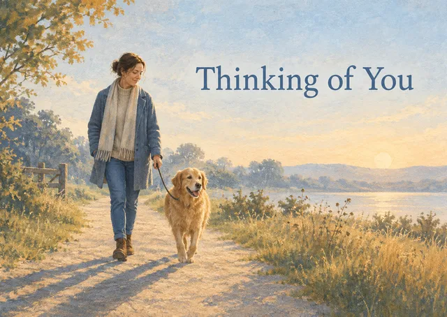 A warm and heartfelt sympathy card for anyone grieving a loss. It features a peaceful scene of a figure walking with their loyal dog, conveying quiet companionship and support.