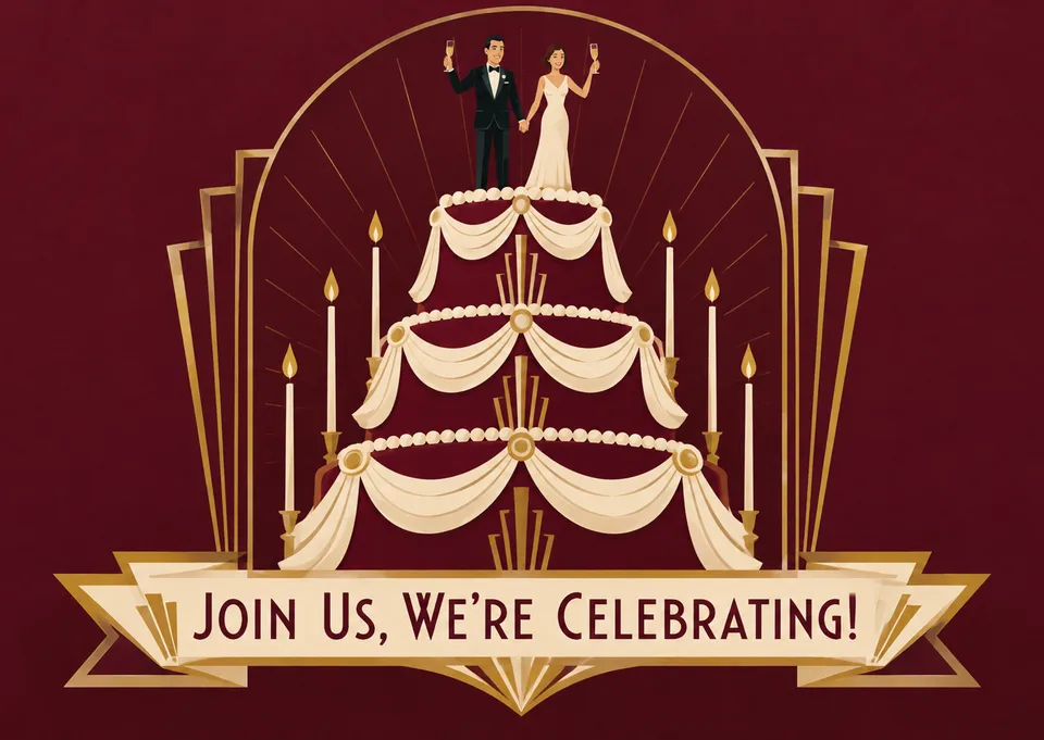 An elegant anniversary invitation for a partner to send to friends and family. Classic and sophisticated with a bold, confident image.