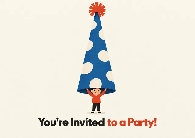 Una invitación de cumpleaños divertida para cualquier niño o niña, con un gorro de fiesta de un tamaño cómicamente enorme que dice algo grande y gracioso.