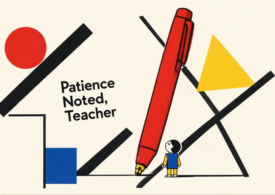 A dry, witty thank-you card for a teacher, with a giant pen and a tiny child figure. Perfect for showing appreciation.