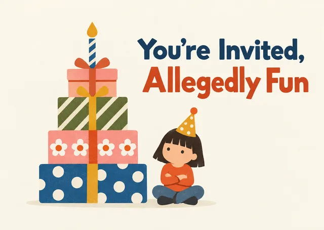 A dry, deadpan birthday invitation featuring a clever gift-stack cake, perfect for a child's party with a sense of humor.