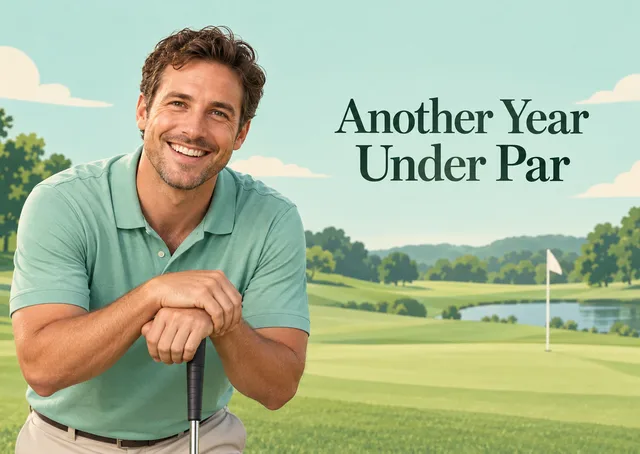 A playful birthday card for a friend or family member who loves golf, with a golfer leaning on a putter and a cheeky line about another year under par.