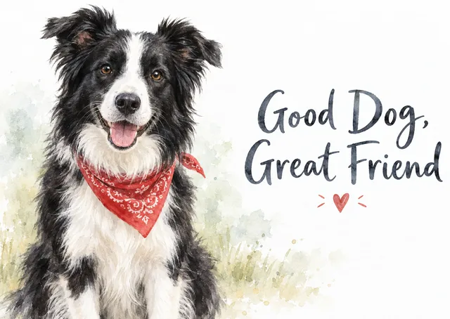 A warm just because card for dog lovers, featuring a painted black-and-white border collie in a red bandana. Perfect for a friend, partner or anyone who adores their pet.
