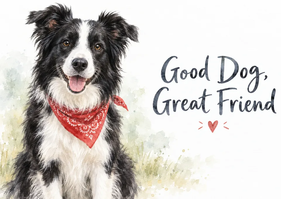 A warm just because card for dog lovers, featuring a painted black-and-white border collie in a red bandana. Perfect for a friend, partner or anyone who adores their pet.