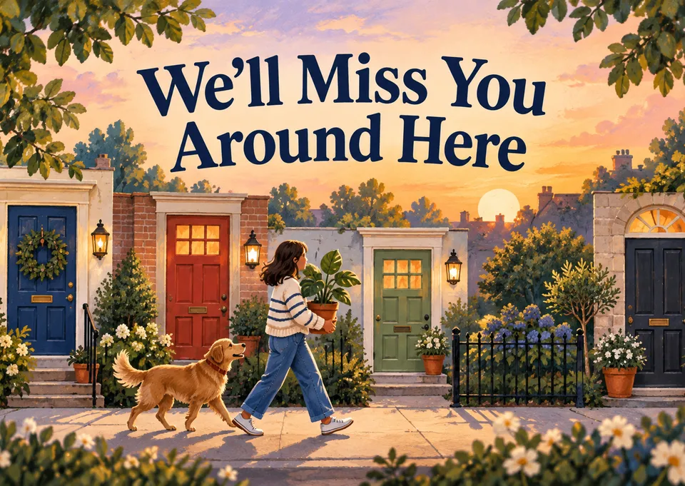 A lighthearted farewell for a friend leaving the neighborhood, half housewarming and half we'll-miss-you.