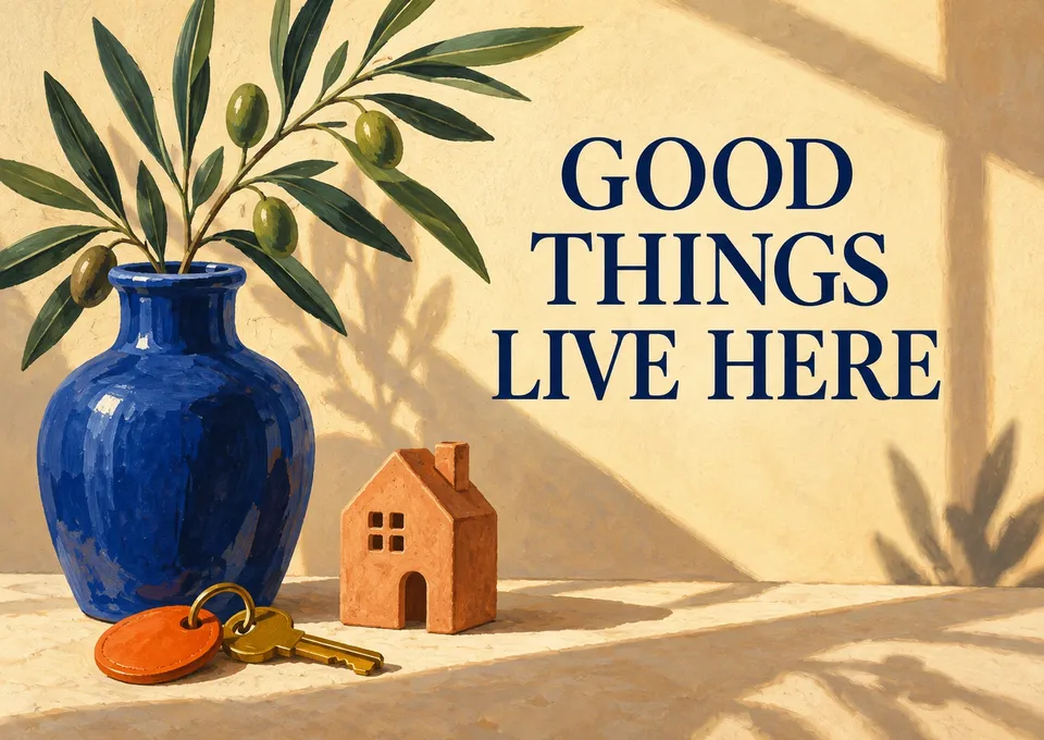 A warm card for a new home: Good Things Live Here.