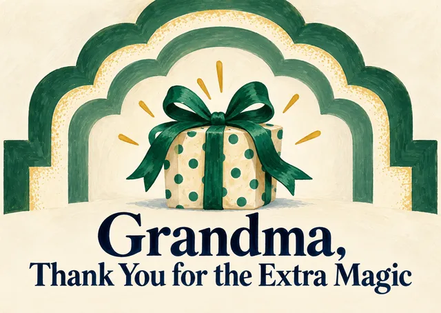 A warm birthday thank-you for a grandma, with a beautifully wrapped gift under a glowing arch to celebrate the magic she brings.
