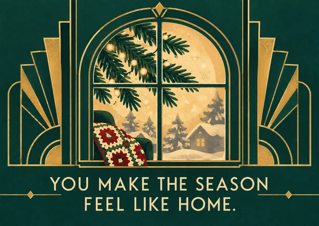 A heartfelt Christmas card for a grandparent, with a glowing window scene and a blanket to say thank you for making it feel like home.