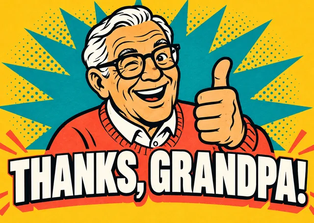 A big, cheerful thank-you card for a grandpa, with a bold pop-art portrait and a thumbs-up worth of gratitude.