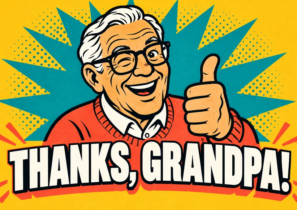 A big, cheerful thank-you card for a grandpa, with a bold pop-art portrait and a thumbs-up worth of gratitude.
