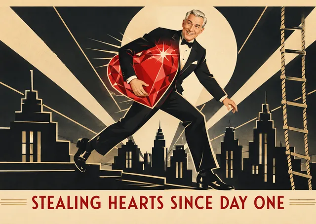 A playful Valentine's Day card for a grandfather, casting him as a daring rooftop thief stealing hearts with style.