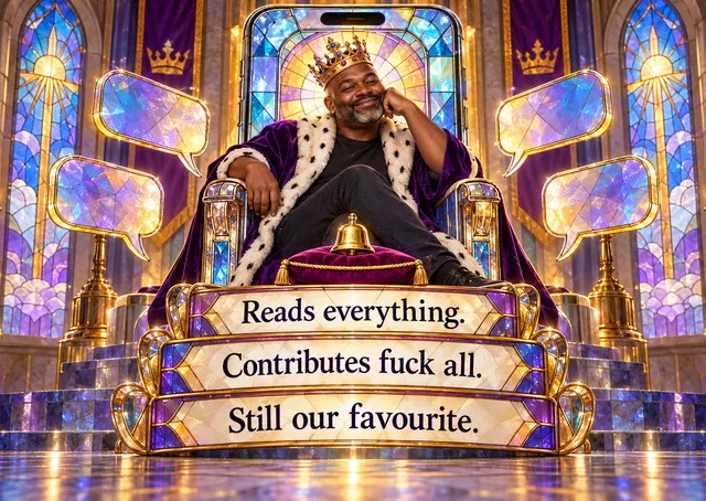 A funny friendship card for the quiet one in the group chat, a close adult friend who only ever reacts with love. It teases in the nicest way and feels regal and playful.