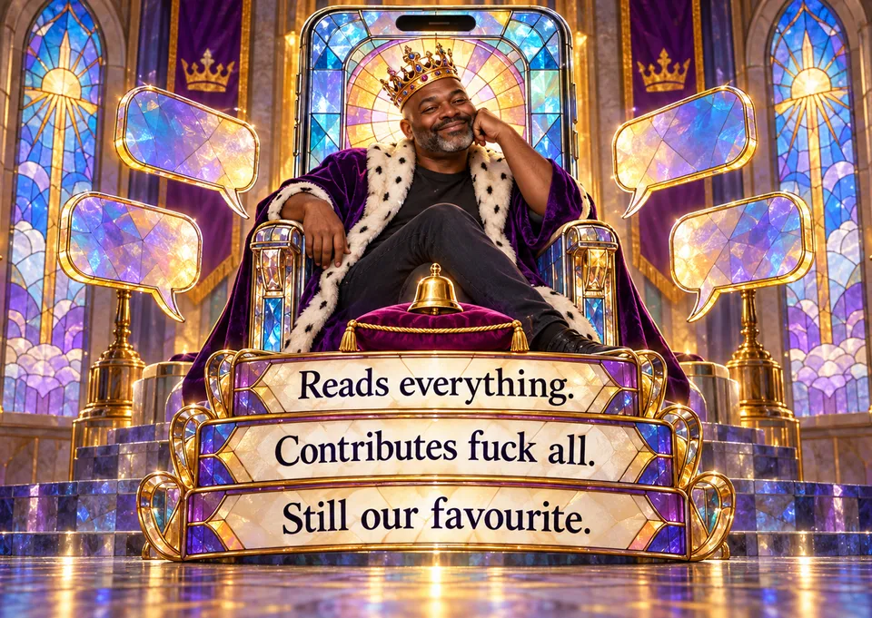 A funny friendship card for the quiet one in the group chat, a close adult friend who only ever reacts with love. It teases in the nicest way and feels regal and playful.