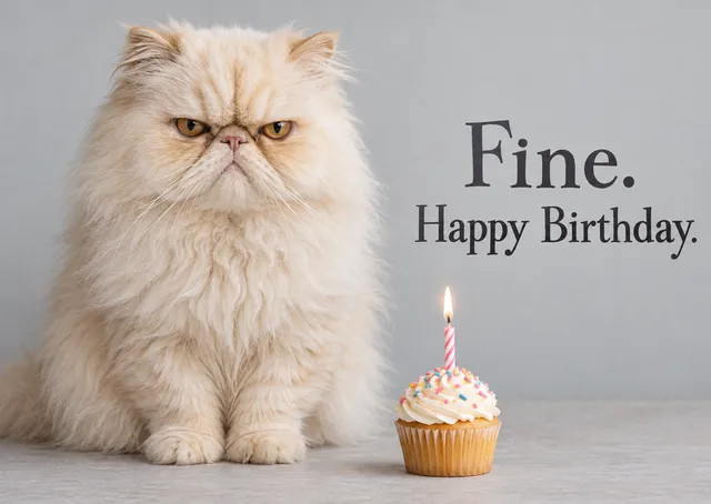 A funny birthday card for anyone who loves a grumpy cat. A scowling Persian begrudgingly wishes you a happy birthday, under protest.
