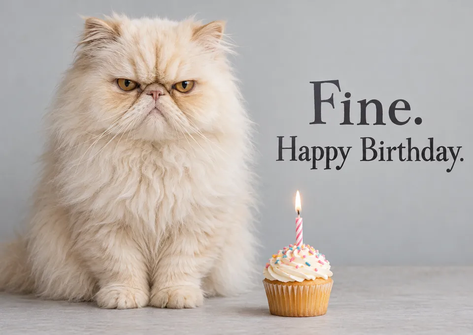 A funny birthday card for anyone who loves a grumpy cat. A scowling Persian begrudgingly wishes you a happy birthday, under protest.