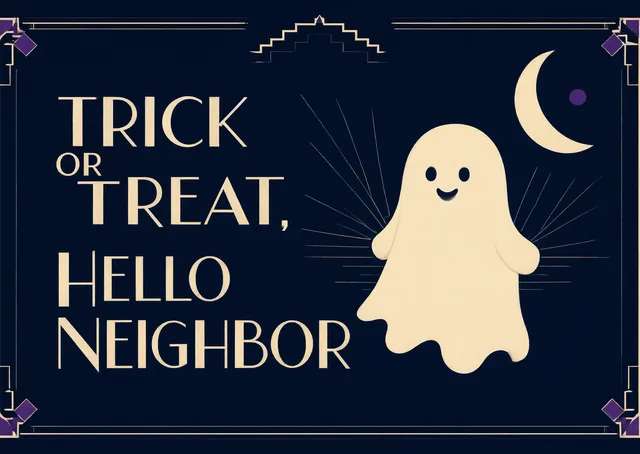 A friendly Halloween card for a neighbor or friend, featuring a smiling ghost and crescent moon with a lighthearted greeting.