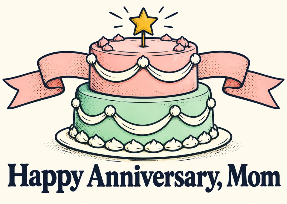 Una tarjeta de aniversario caprichosa para mamá, con un encanto dulce de cuento. Envíala para celebrar otro año juntos con una alegría cálida y suave de pastel y estrellas.