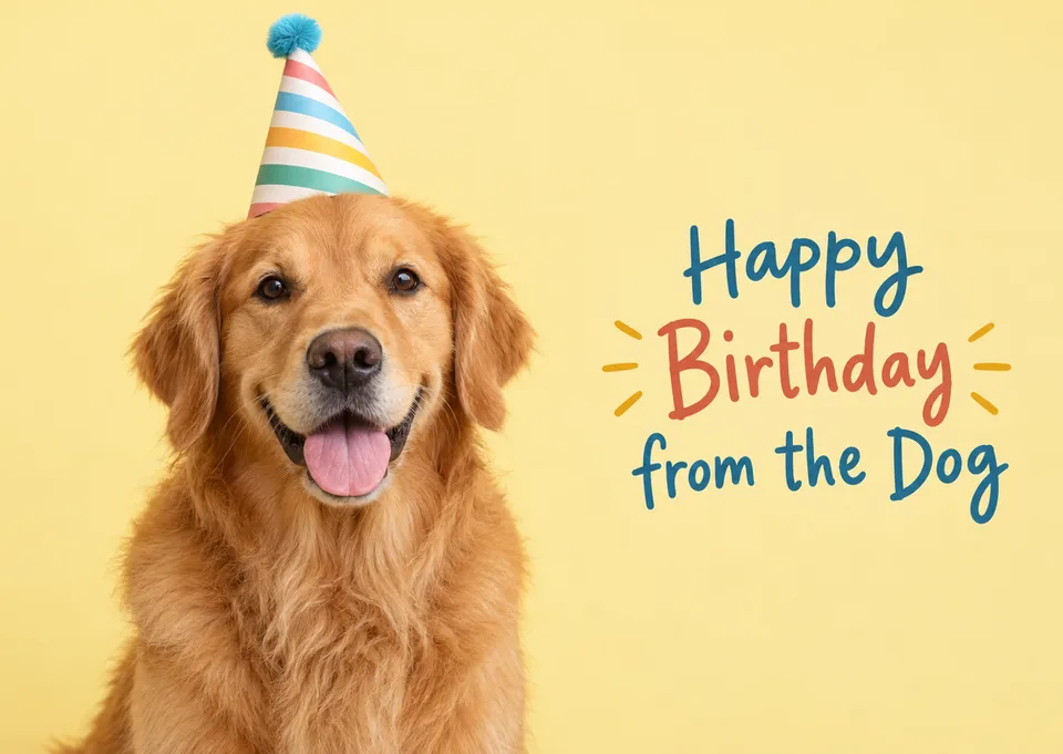 A playful birthday card for anyone who loves dogs, with a beaming golden retriever in a party hat wishing you a great day. Easy to personalise with your own pet's photo.