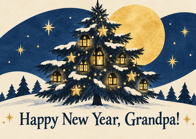 A whimsical New Year card for a grandpa, filled with cozy, magical wishes. Send it when you want heartfelt warmth and a playful storybook feel.