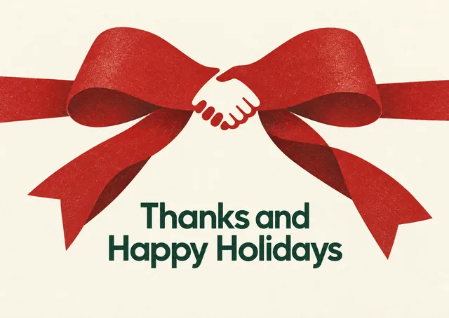 A tender, elegant holiday thank-you card for clients, colleagues or business contacts. A quiet ribbon bow and a warm, spare greeting to say thanks this season.