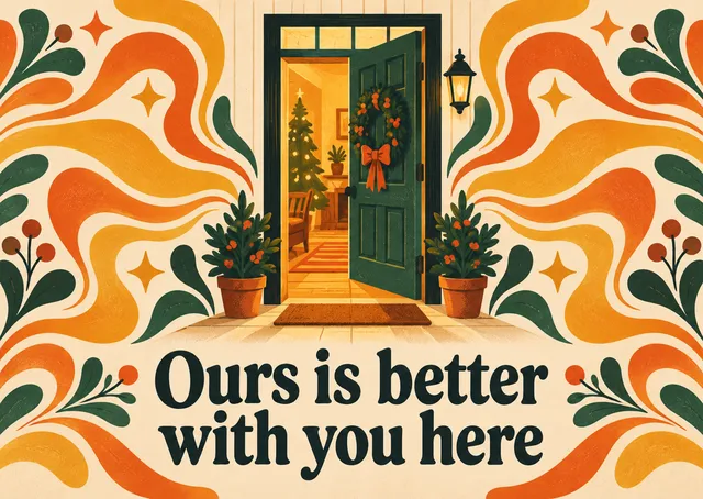 A warm, colorful Christmas card for the whole family, with an open front door glowing with tree lights and a welcome home feeling.