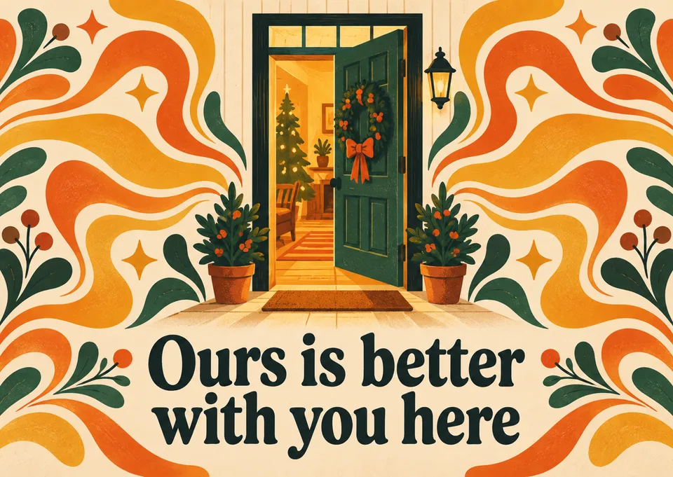 A warm, colorful Christmas card for the whole family, with an open front door glowing with tree lights and a welcome home feeling.