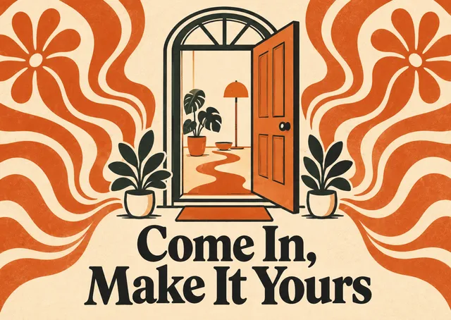 A warm housewarming card for a friend moving into a new place, with an open door and plants on the step.
