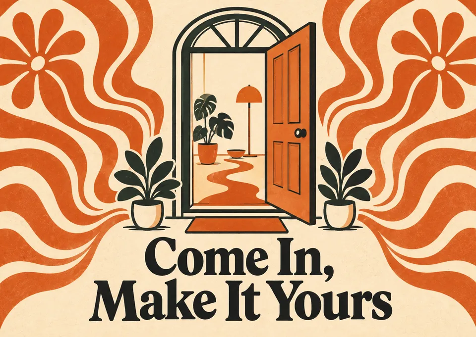 A warm housewarming card for a friend moving into a new place, with an open door and plants on the step.