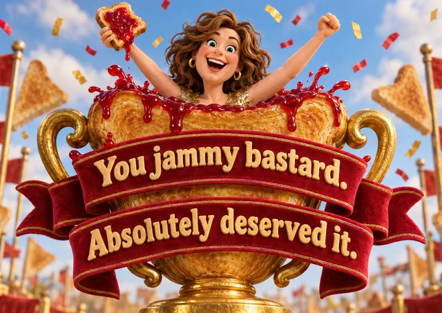 A cheeky congratulations card for an adult friend who just won something big, with a golden toast trophy and a proud, playful insult of affection.