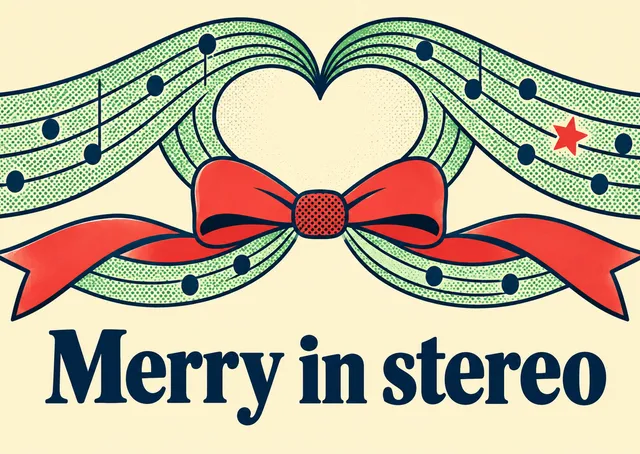 A romantic Christmas card for a couple, with sheet-music ribbons forming a heart to celebrate the season together.
