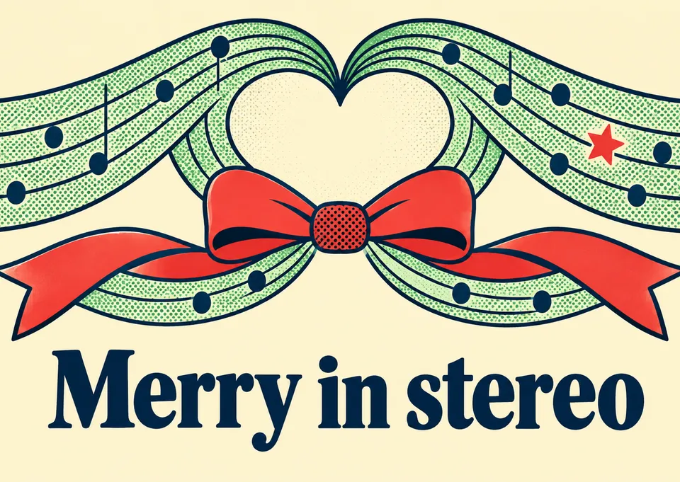 A romantic Christmas card for a couple, with sheet-music ribbons forming a heart to celebrate the season together.