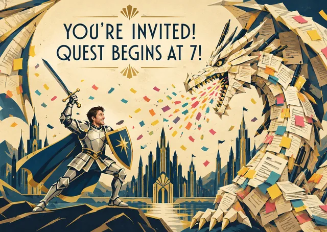 Una invitación de cumpleaños grande y divertida para un colega de trabajo, con un caballero que lucha contra un dragón hecho de material de oficina. Ideal para quien ama la fantasía y disfruta de un buen chiste.