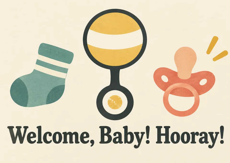 Eine leichte, lustige Babypartykarte für alle. Sie vermittelt vertraute, verspielte Freude mit der Botschaft „Welcome, Baby! Hooray!“.
