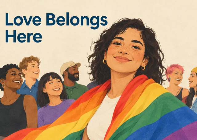 An affirming pride card for anyone you want to welcome and celebrate, with a warm community scene and a message of belonging.