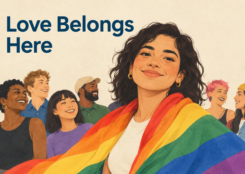An affirming pride card for anyone you want to welcome and celebrate, with a warm community scene and a message of belonging.