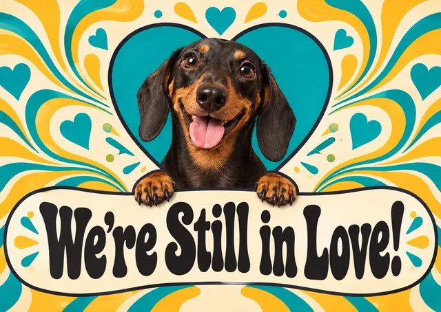 A light, funny wedding anniversary card for a child to send to the happy couple. Playful and punchy, with a happy “still in love” message.