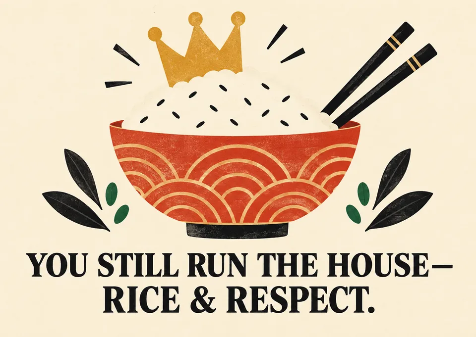 A cheeky Lunar New Year card for a parent, with a crowned bowl of rice honoring the one who really runs the house.