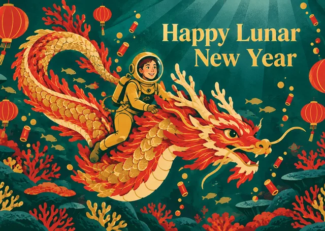 Una tarjeta llamativa de Año Nuevo Lunar para quien ama las sorpresas épicas, con un buceador que cabalga un dragón de coral luminoso por un arrecife iluminado con linternas.